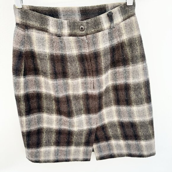 Vintage 90s Women Wool Blend Brown And Beige Plaid Skirt Full Lined Size 7 - Picture 2 of 11